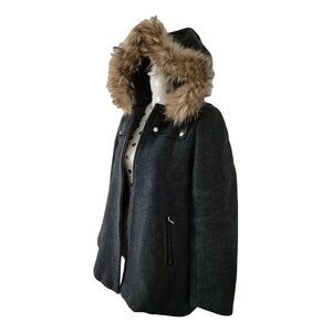 Sandro Paris Gray Wool Fur Hood Zip Detail Coat